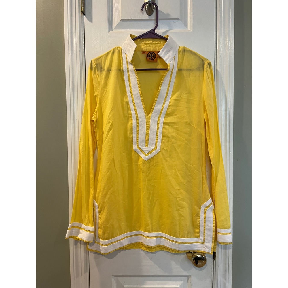 Tory Burch Yellow White Trim Cotton V-Neck Tunic Top Size 4 Long Sleeve